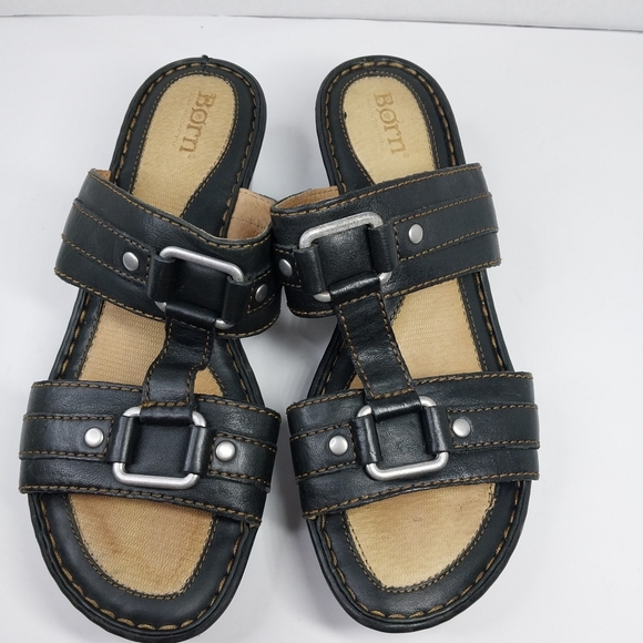 Born Sandals Women's Size 8 Black Leather Wedge Heel Boho Chic Slip on Shoes - Picture 10 of 13